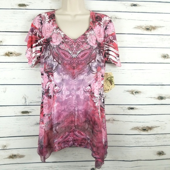 ONE WORLD Tops - One World Pink Floral Shirt Top Small Short Sleeve